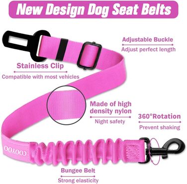 COOYOO Dog Safety Belt - Retractable Dog Car Harness with Elastic Bungee Buffer - Adjustable Nylon Pet Seat Belt for Car - Pink