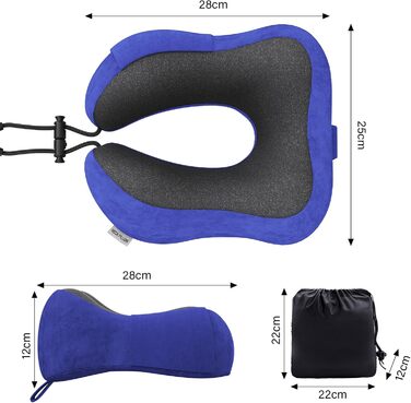 Подушка для шиї у подорожах: автомобільна, для літака, з memory foam, м'який велюровий чохол, для дорослих, для офісу, дому (Темно-синій)