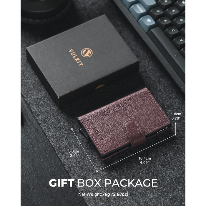 Чоловіче картхолдер VULKIT з RFID блокуванням, з металевою конструкцією, 3 відділення для кредитних карт та віконцем для посвідчення, компактний гаманець з магнітною застібкою, червоне шкіряне покриття (справжня шкіра Litchi Espresso)