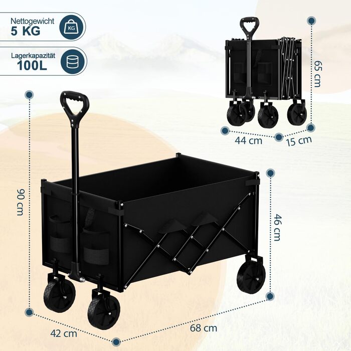 Favoyard XXL Візок-садок 100л, вантажність 163кг, складаний, з гальмом та колесами для бездоріжжя - Чорний
