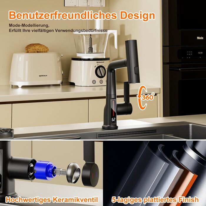 Чорний кухонний змішувач з висувною лійкою, 3 режими, LED-індикатор температури, поворотний на 360°, для високого тиску, регульована висота
