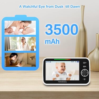 Відеоняня HelloBaby з камерою та аудіо, 5-дюймовий екран, акумулятор 3500 mAh, дистанційне керування, двосторонній зв'язок, ECO-режим, авто-нічне бачення, радіус дії до 292 м, HB6250