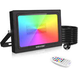 MEIKEE 60W RGB Floodlight with Remote Control, 30 Modes, 10 Colors, Timer, RGB Floodlight, IP66 Waterproof, 6 Brightness Levels, Spotlight, Colorful, Christmas, Halloween, Party, LED Floodlight, Decorative, 2 Pieces (1pc)