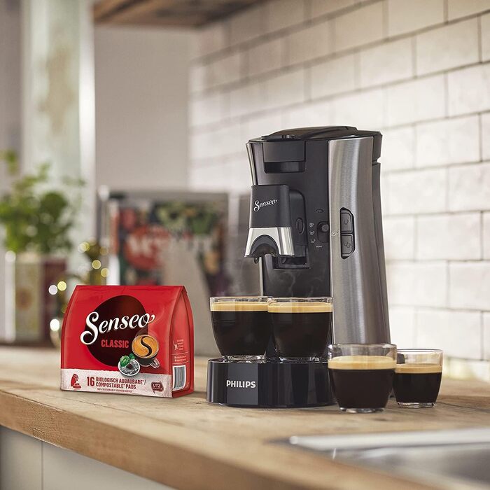 PHILIPS Senseo Select Coffee Pad Machine – Coffee Strength Choice Plus, Memo Function, Crema Plus Technology, 0.9L Water Tank, Two-Cup Function, Adjustable Outlet, Environmentally Friendly (CSA250/10) Brushed Steel