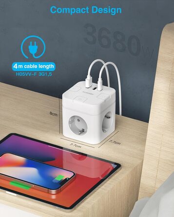 Розетка-смуга 6 в 1 з USB-C, 3 розетки, плагін, індивідуальне вмикання, куб, з кабелем, 1 USB-C, для офісу, дому, подорожей (4M, білий)