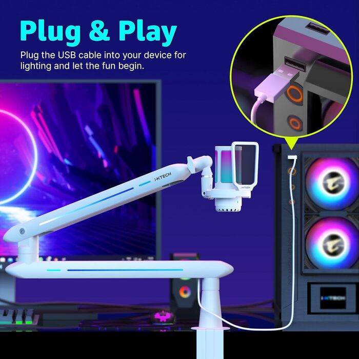 Підставка для мікрофона IXTECH RGB з низьким профілем, регульована, з кріпленням для столу та кабельною організацією, для стрімінгу та подкастів (5 ящірок RGB)