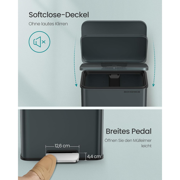 Відро для сміття SONGMICS 40 л з педаллю, сталеве, Softclose, сірий антрацит, з мішками (LTB540A02)
