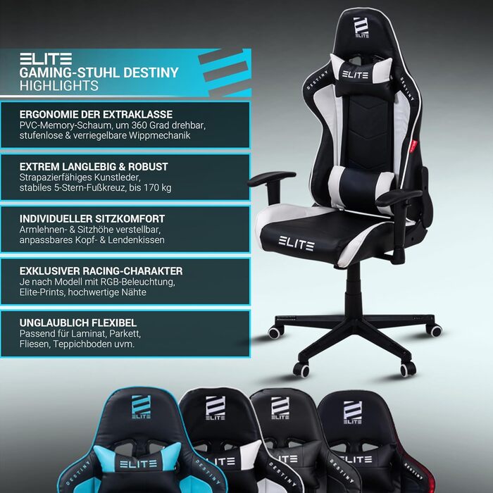 Геймерське крісло ELITE LED Destiny: ергономічне офісне крісло з RGB підсвіткою, штучна шкіра (чорно-біле)