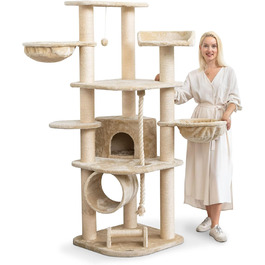 Кігтеточка HAPPYPET для котів велика 181 см - стабільний кігтеточний комплекс, товсті стовпи 11 см, будиночок та ігровий тунель, великі лежанки, стійка з когтеточкою (Бежевий)