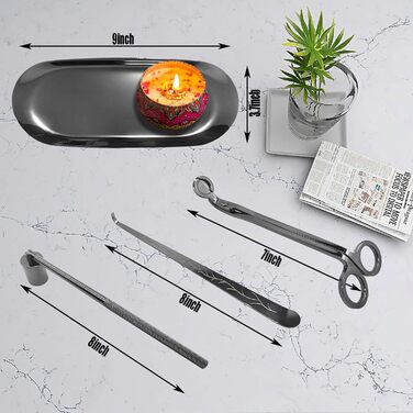 YOUTUOY 4-in-1 Candle Accessory Set with Tray, Wick Trimmer, Wick Snuffer, Storage Tray, ideal for scented candle lovers (Black Silver 4-in-1)