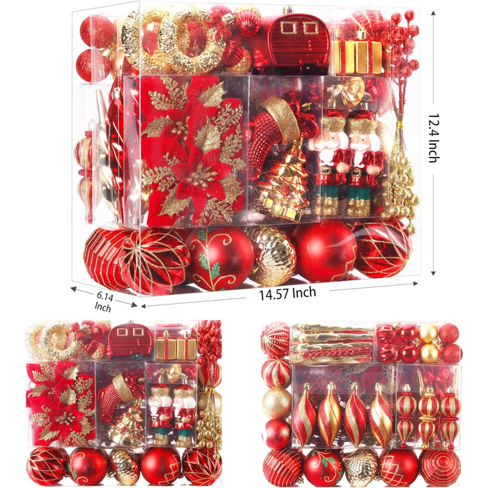 Набір прикрас на ялинку Shareconn 135 шт. – міцні ялинкові кулі з мотузкою, різні розміри та дизайни, декор для ялинки (червоний, зелений, золотий)