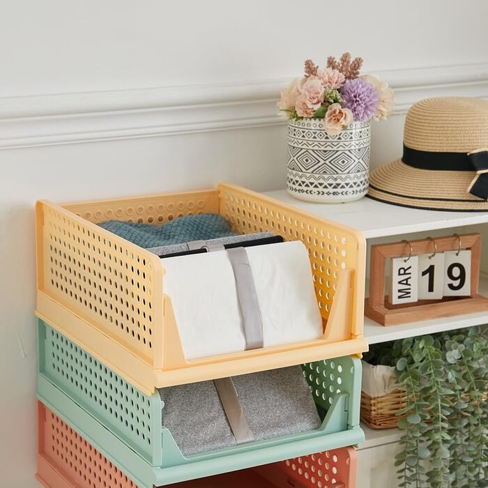 4-Piece Closet Organizer Stackable Plastic Closet Organizer Storage Box, Easy-Pull Drawer Dividers for Clothing Closet Pantry Laundry (4-Piece Mix-color)