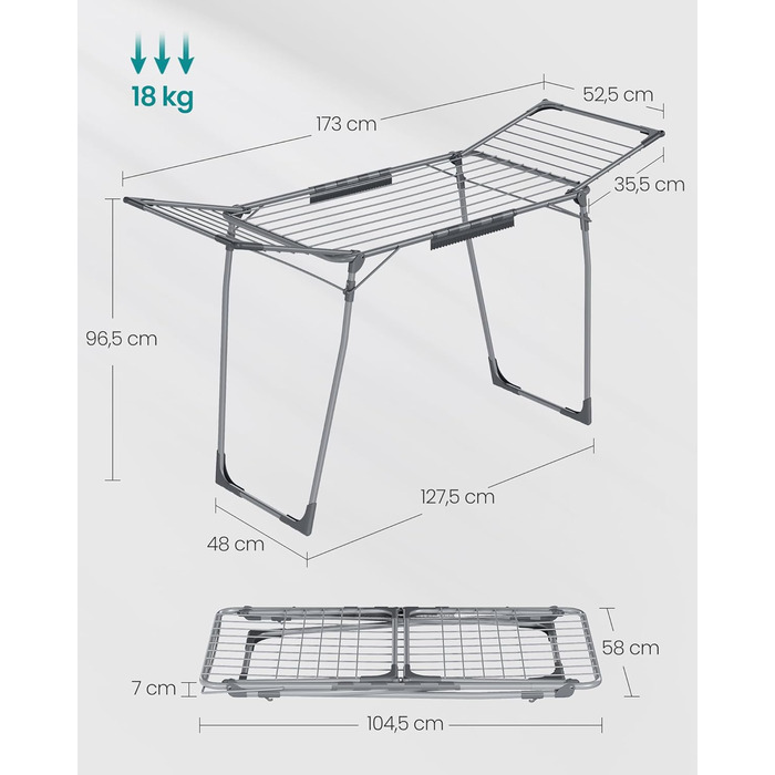 SONGMICS Сушарка для білизни на підставці, сіра, 52.5 x 173 x 96.5 см, з тримачем для шкарпеток, для одягу, рушників, металева