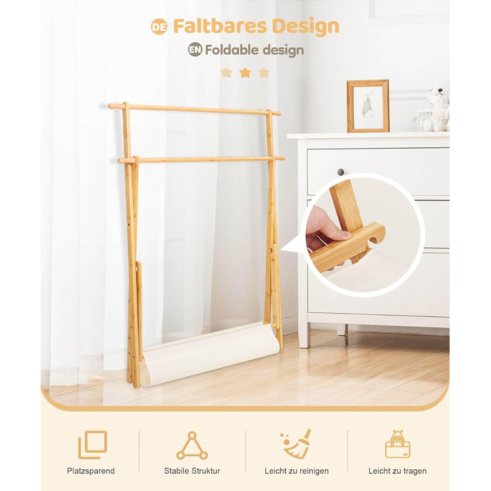 Дитяча вішалка для одягу Yorbay з бамбука, регульована подвійна штанга, з полицями для зберігання, економія місця, натуральний колір