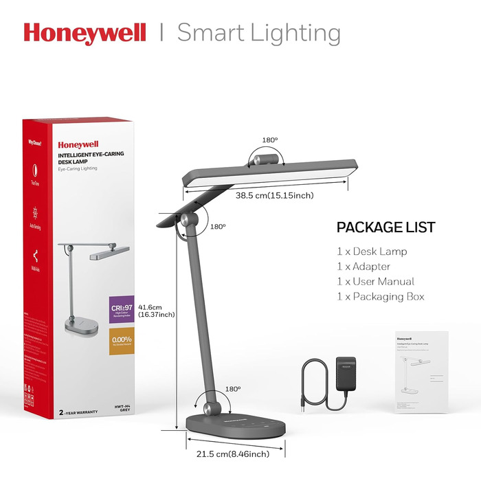 Настільна LED лампа Honeywell H4 Sunturalux - Офісна лампа з димером, 3 режими світла, сенсорне управління, сіра