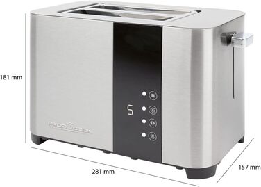 Тостер ProfiCook PC-TA 1250 Inox з сенсорним дисплеєм: 2 слоти, нержавіюча сталь, 850 Вт, 7 рівнів підсмажування, підставка для тостів, висувна кришка для крихт, згортання кабелю