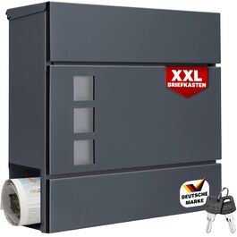 Поштовий ящик Monzana XXL з газетницею та оглядовим вікном, сталевий, антрацит, з ключем (2 ключі), для настінного монтажу
