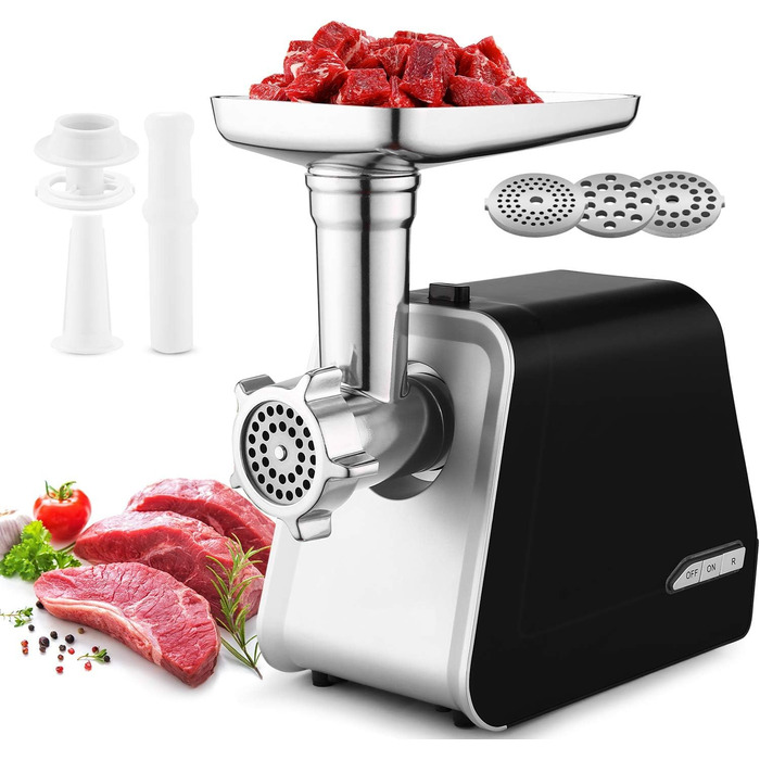 М'ясорубка електрична COOCHEER 2000 Вт, 3-в-1, нержавіюча сталь, з насадками для ковбас та кібе, для дому