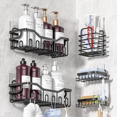 Набір з 5 полиць для душу без свердління, чорний колір. Органайзер для душу з 28 гачками, тримачем для пасти та 2 мильницею. Підходить для шампуню та інших аксесуарів для ванної кімнати.