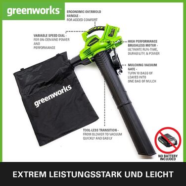 Акумуляторний садовий пилосос-воздуходув Greenworks 48В (2x24В), безщітковий двигун, 322 км/год, 9 м³/хв, мішок 45 л, без акумуляторів та зарядного, ремінь, 3 роки гарантії, GD24X2BV