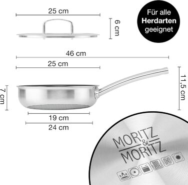 Сковорода Moritz & Moritz антипригарна 28 см індукційна з керамічним покриттям та стільниковою структурою. Сковорода з нержавіючої сталі з високими бортами, підходить для всіх видів плит (з кришкою, Ø 24 см)