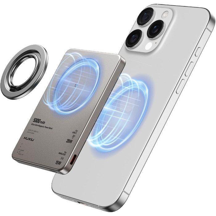 Power Bank KU XIU Magsafe 5000mAh: Тонкий, з підтримкою MagSafe, з кільцем для кріплення, PD 20W, для iPhone 17/16/15/14/13/12 (Титан)