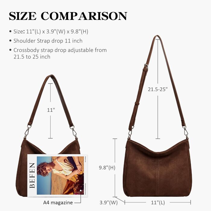 Жіноча сумка-шопер Befen з натуральної шкіри, м'яка сумка-хобо через плече, середній розмір з 2 ремінцями - класична елегантна (Коричнева замша)