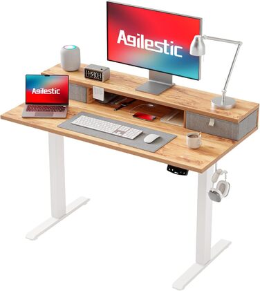 Регульований стіл Agilestic з 2 ящиками, електричний, ергономічний, для роботи та навчання, білий (світло-коричневий), 100 x 60 см