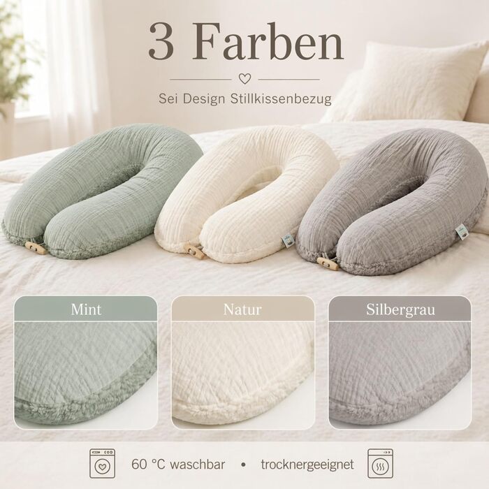 Подушка для вагітних та годування Sei Design XXL 190x35 см з мусліновим чохлом, ергономічна, з органічної бавовни