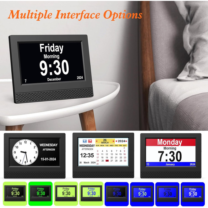 Ykall 7-Inch Digital Calendar Clock for Seniors, Alarm Clock with Reminder Function, Clear Day/Date and Time, Large Display, Ideal for Dementia and Alzheimer's Patients