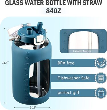 BLUEGO 2500ml Glass Water Bottle with Stainless Steel Handle, 2.5L Large Water Bottle with Time Markers and Silicone Sleeve, Half Gallon Water Jug BPA-free for Sports, Daily Use, Light Green (Dark Blue)