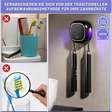 Maxspace UV Toothbrush Sanitizer, Wall-Mounted Toothbrush Holder with Drying, Rechargeable Toothbrush Sterilizer with 2 Slots for Family Use (Black)