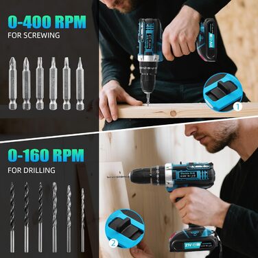 Акумуляторний шуруповерт 21V з акумулятором 2000mAh, 50Nm крутний момент, 25+3 ступені крутного моменту, 2 акумулятори та швидка зарядка, для саду, дому, DIY проектів