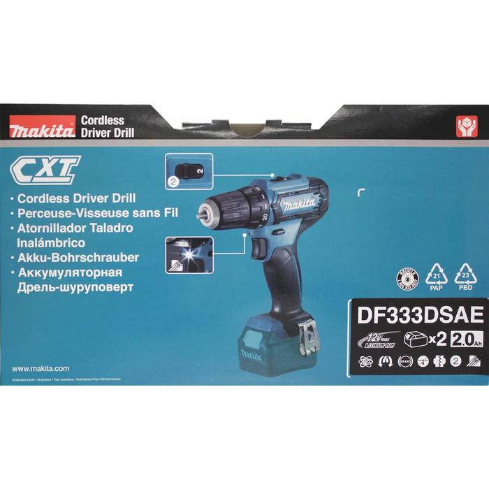Акумуляторний дриль-шурупокрут Makita DF333DSAE 12V, 2.0Ah, 2 акумулятори + зарядний пристрій у транспортному кейсі, чорний/синій
