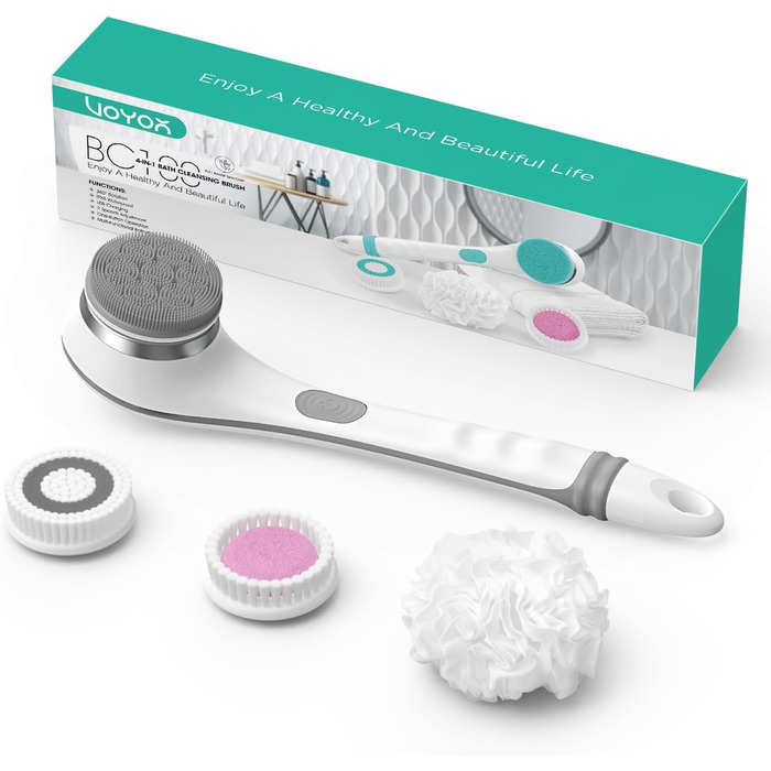 VOYOR Back Brush Shower Brush Body Brush Electric Back Brush Long Handle Waterproof Rechargeable with 4 Cleaning Heads for Spa Shower Exfoliating Massage Brush BC100 (Gray)