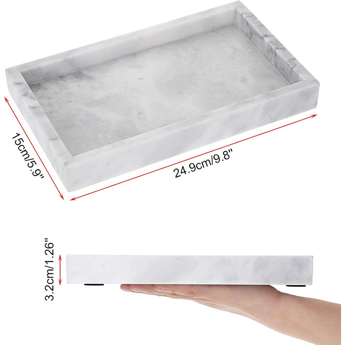 Natural Marble Serving Tray for Coffee Table, Rectangular, Jewelry Tray, Organizer, Decorative Bathroom, Vanity, Toilet Tank, Bathtub Tray, 25x15 cm (gray)