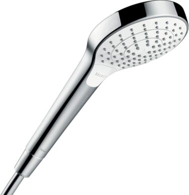 hansgrohe Croma Select S - Showerhead, Hand Shower with 3 Spray Patterns, Round Showerhead (110 mm), Showerhead with Anti-Limescale Function, White/Chrome, 26802400 (3 water-saving spray patterns, 9l/min)