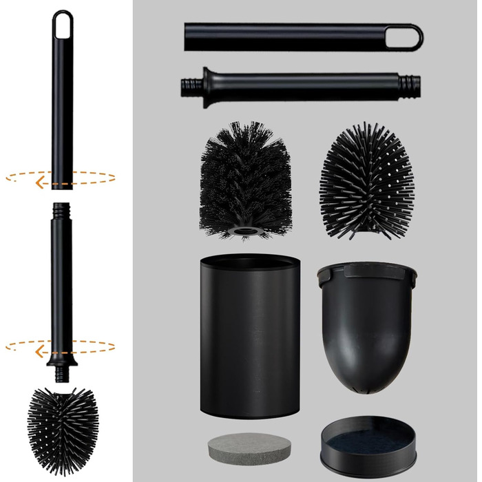 Силіконова щітка для унітазу Klobürste з нержавіючої сталі, чорна матова, з швидковисихним тримачем та 2 змінними насадками