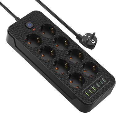 Мережевий фільтр AOUOO 8 розеток з вимикачем, 2м кабель, 3USB/3Type-c (5V/3.1A), 250V/16A, захист від перенапруги 3840W, чорний