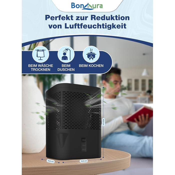 BonAura® Безструменевий осушувач повітря до 23 м² | 360° вентиляція | Осушувач для дому з виливом та 5 x 680 г гранул | Захист від плісняви та неприємних запахів | Осушувач повітря для квартири (Airone Black + 5 X гранул)