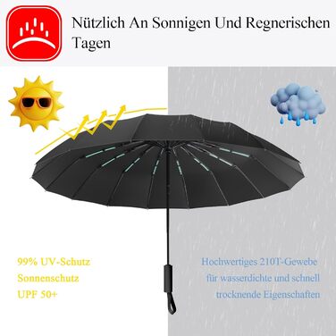 Стійкий до вітру парасолька: компактний автоматичний парасолька великого розміру з 16 ребрами, тефлонове покриття 210T, анти-UV, чорний