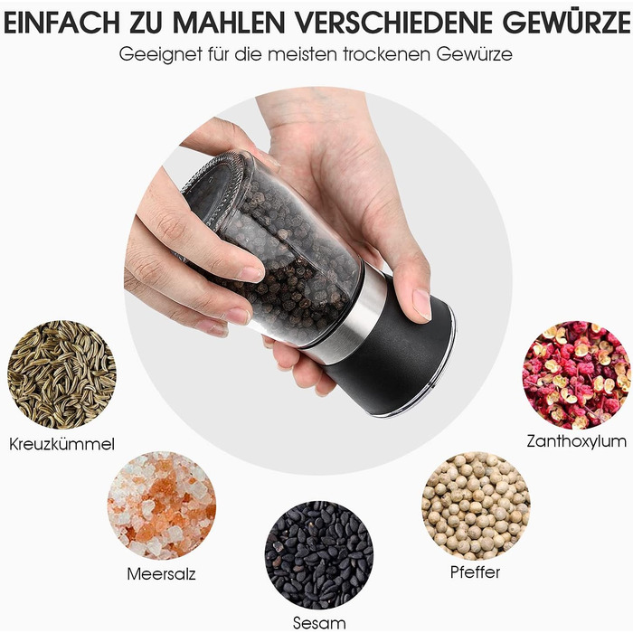Набір мельниць для солі та перцю Salzmühle & Pfeffermühle PG180 (2 шт.) з регульованим керамічним жорном, скляні, для різних спецій, включаючи перець чилі