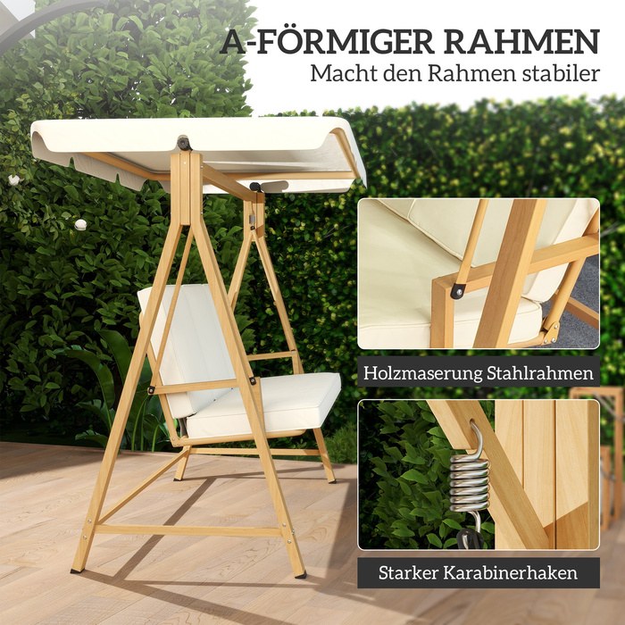 Outsunny Hollywood Swing with Adjustable Sun Canopy and Seat Cushion, Wood-Look 3-Seater Garden Swing, Load Capacity up to 330kg, Swing Bench for Garden, Terrace 198 x 120 x 170cm, Beige | Aosom