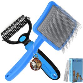 Набір для грумінгу собак великих порід Slicker Bürste: щітка, гребінець для підшерстя та гребінець з нержавіючої сталі. Підходить для собак та котів з підшерстям (голден ретрівер, австралійська вівчарка). Колір: блакитний