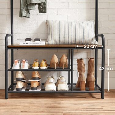 VASAGLE Coat Rack, Coat Stand, Clothes Rack with 9 Hooks, Shoe Bench, Shelf, 30 x 85 x 180.5 cm, for Entryway, Bedroom, Small Apartments, Industrial Design, Vintage Brown-Black HSR409B01