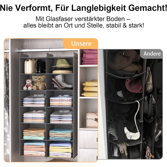 Організатор для шафи з 6 полицями, сірий - для одягу, з металевими гачками, компактний, для спальні, гуртожитку