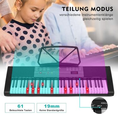 MUSTAR 61-клавішна клавіатура-піаніно для початківців, цифрова клавіатура з підсвічуванням, динаміками, стійкою, табуретом, навушниками, мікрофоном, підставкою для нот, 300 звуків та уроками гри, чорний колір