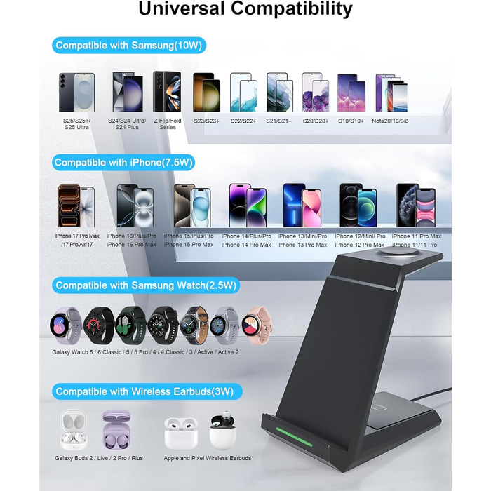 Зарядний пристрій NANAMI 3-в-1 для Samsung Galaxy Watch, Buds та смартфонів S25, S24, S23, Z Flip, Z Fold (чорний)
