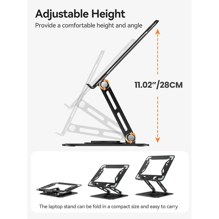Підставка для ноутбука на стіл Tounee, регульована, 360° обертання, ергономічна, для MacBook Pro, Air та ноутбуків 10-16 дюймів – чорна