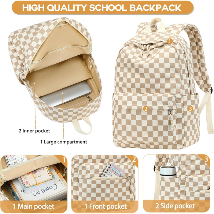 Шкільний рюкзак LOIDOU для дівчаток та хлопчиків підліткового віку: легкий, водонепроникний, для школи, коледжу та роботи. Колір: коричнево-білий у клітинку